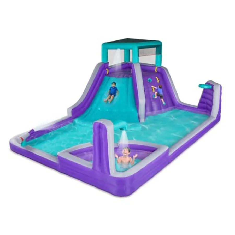 

Four Corner Inflatable Water Slide Park Heavy-Duty PVC, Blue Yellow Outdoor Fun with Climbing Wall, Slide Deep Pool, Easy Setup