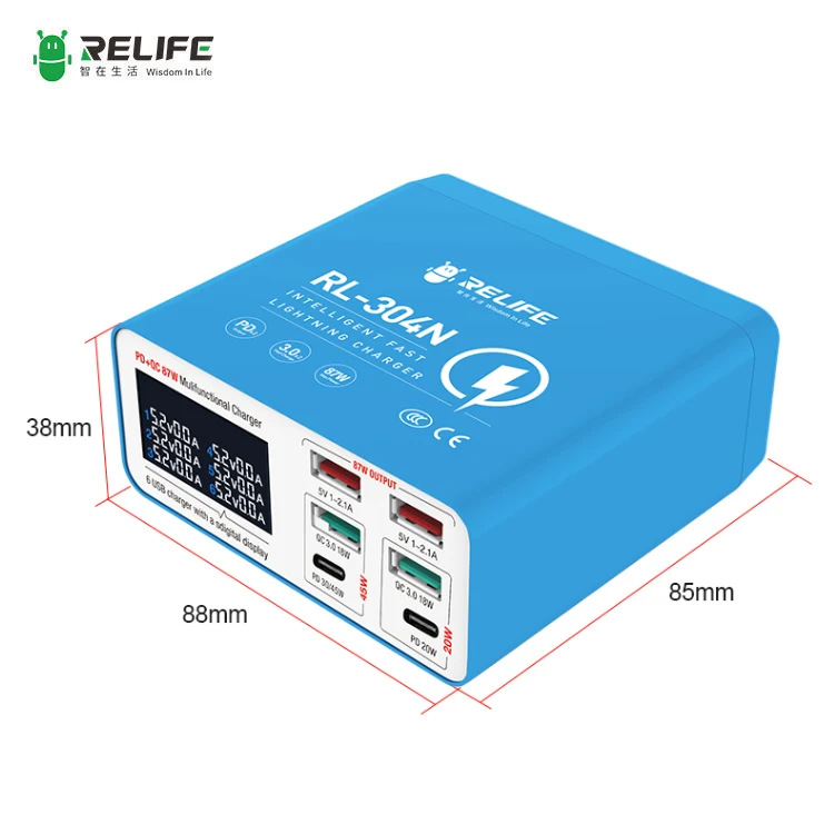 RELIFE RL-304N Smart digital display 6 port charger 87W efficient fast charge for all mobile phones tablets and other devices