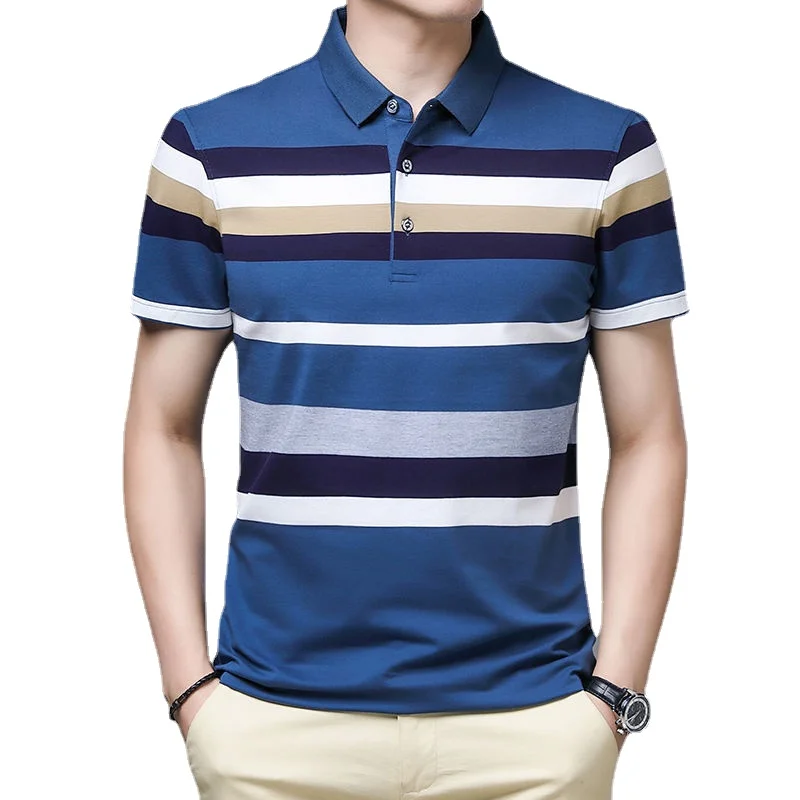 

2023 Summer Spring Men's Short Sleeve POLO Shirt with Contrasting Colours Male Stripe Slim Lapel Ice Polo Shirt Men F237