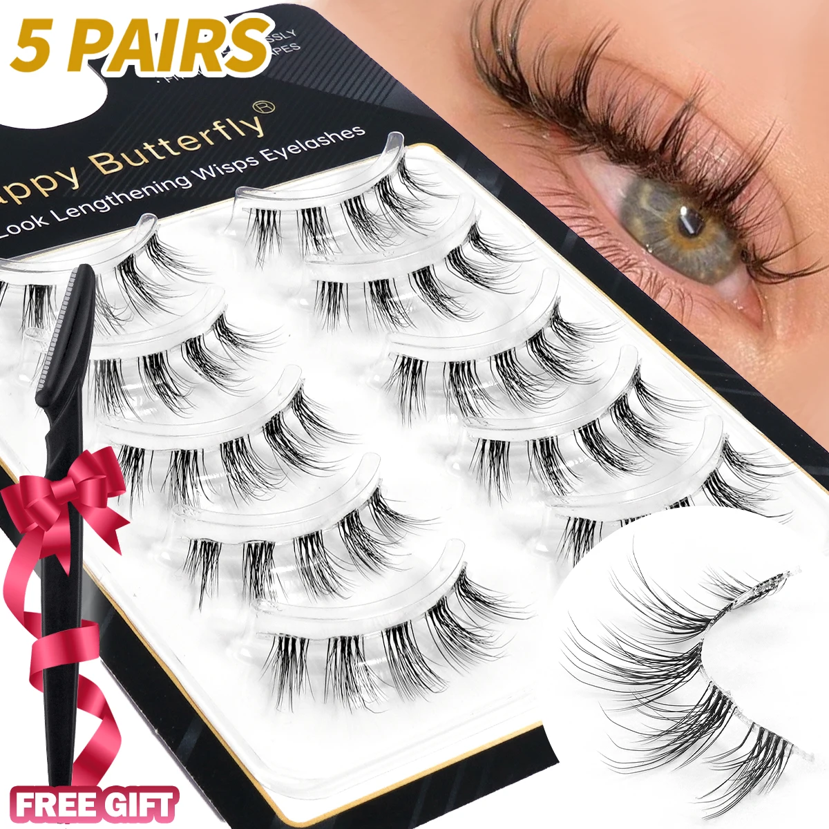MAGEFY 5 pares de pestañas postizas transparentes, suaves, ligeras, de Manga Natural, diseño de una pieza con maquinilla de afeitar para cejas