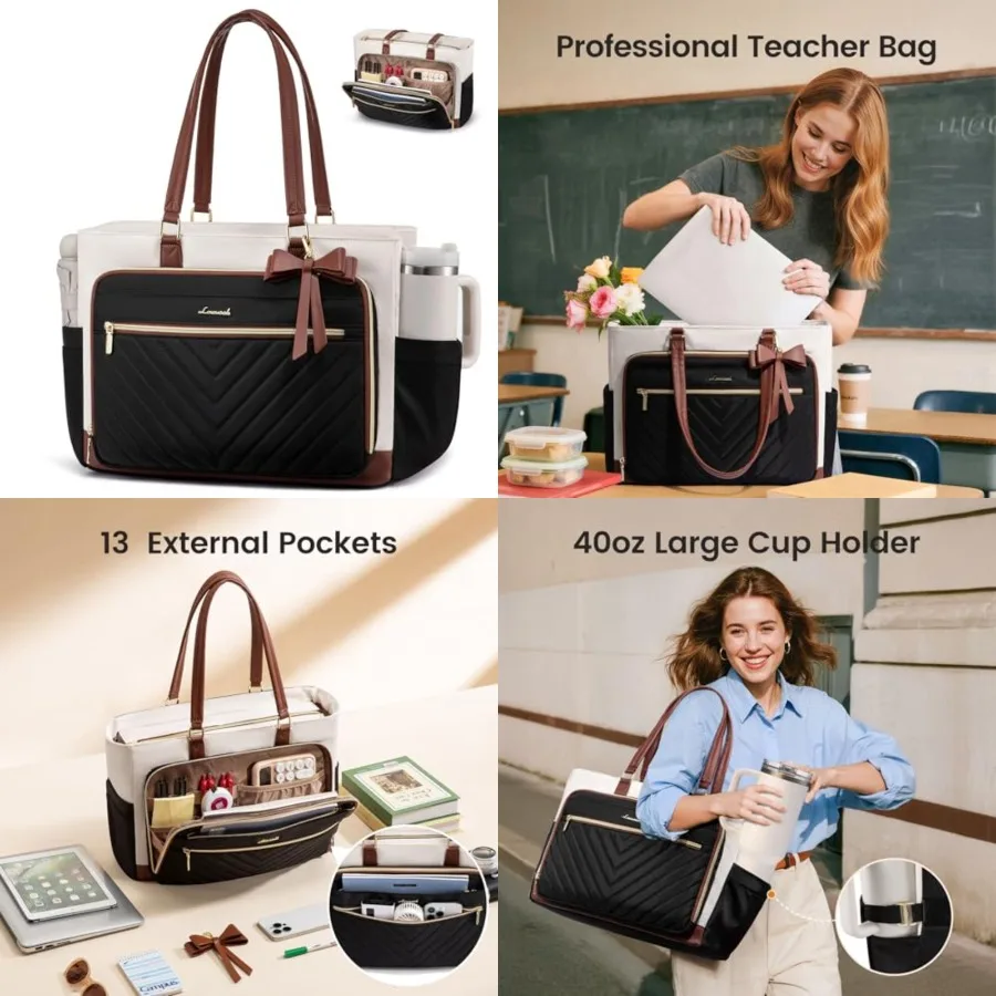 

Teacher Tote Bag for Women, Work Laptop Bag Gift with Large Cup Holder, Quilted Nurse Bag Diaper Tote with Multi-Pockets, Large