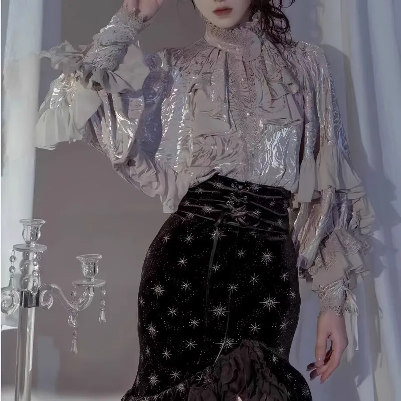 Japanese Y2k Gothic Dark Blouse Women French Elegant Loose Long Sleeve Shirt Women Vintage Harajuku Fashion Lolita Tops Chic New