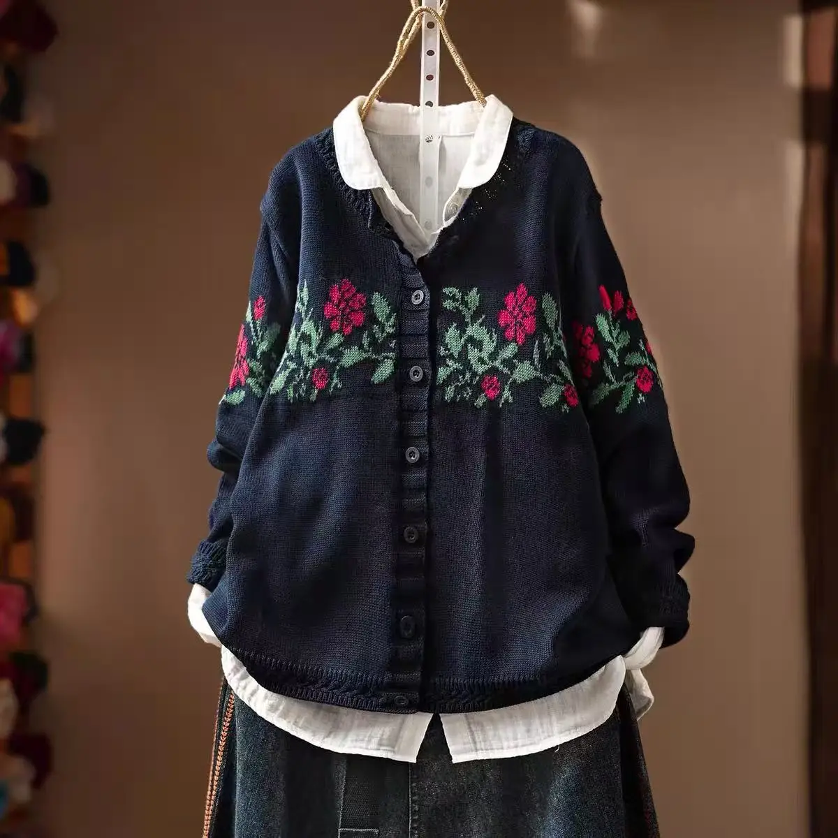 Women Vintage Floral Jacquard Knit Cardigan Japanese Style Round Neck Long Sleeve Loose‑Fit Cottagecore Sweater Jacket - view 5