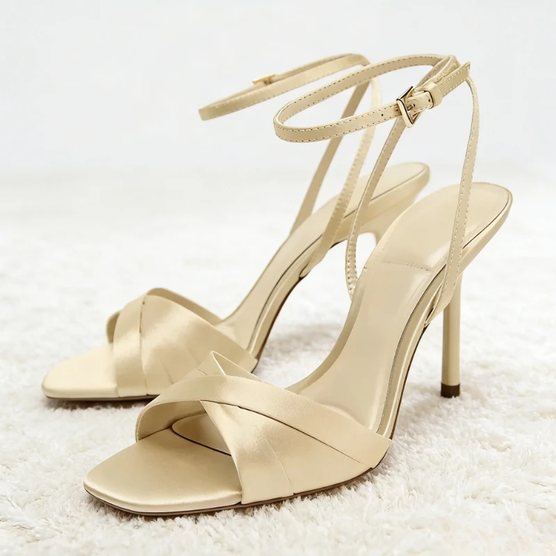 

High Quality Satin High Heeled Sandals for Women Summer Sexy Open Toe Naked Strap Elegant Dress Pumps Luxury Brand Design Heels