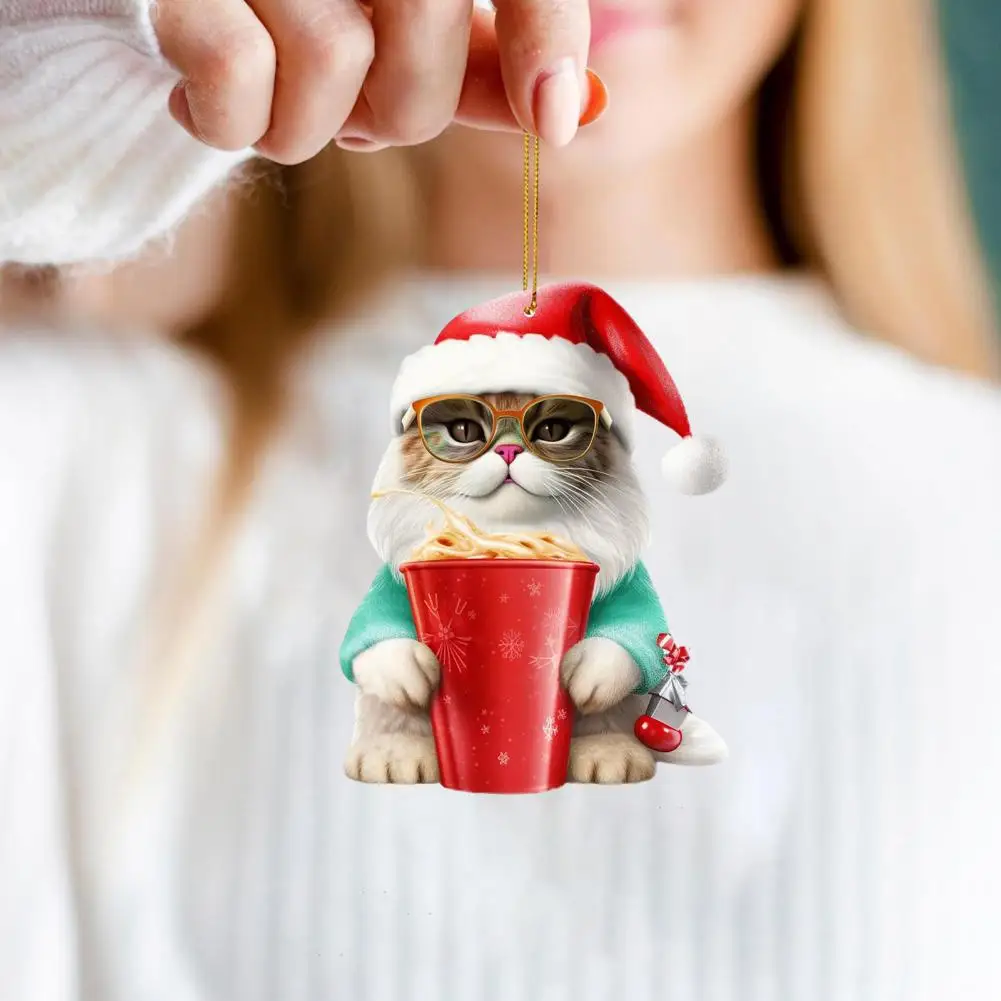 Playful Cat Pendant for Christmas Christmas Cat Figure Ornament Set for Tree Car Rearview Mirror Acrylic Hanging Decorations