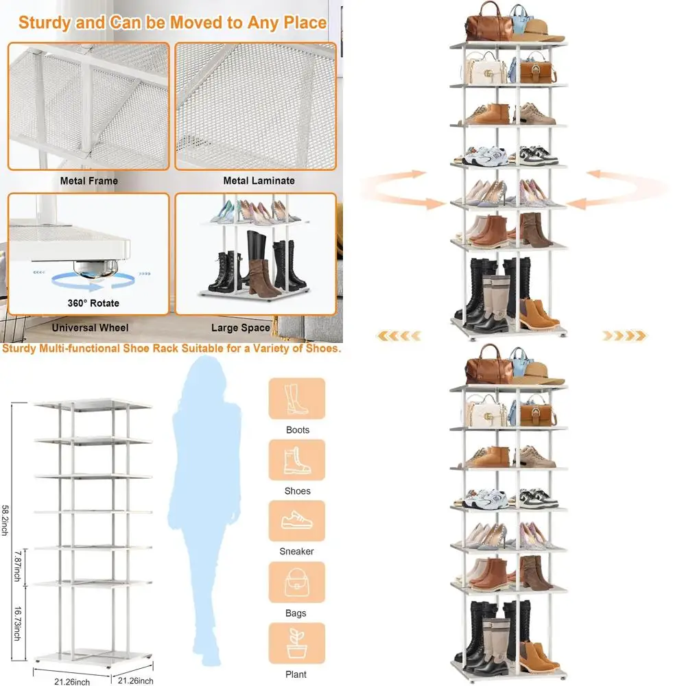 

Stylish 7-Tier Metal 360° Swivel Shoe Rack - Vertical Organizer for Space-Efficient Storage in Entryways, Balconies, and Living