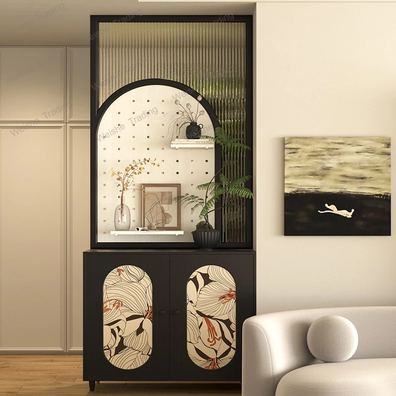 French retro screen cabinet living room decorative glass entrance door dining room half wall hole board storage shoe cabinet