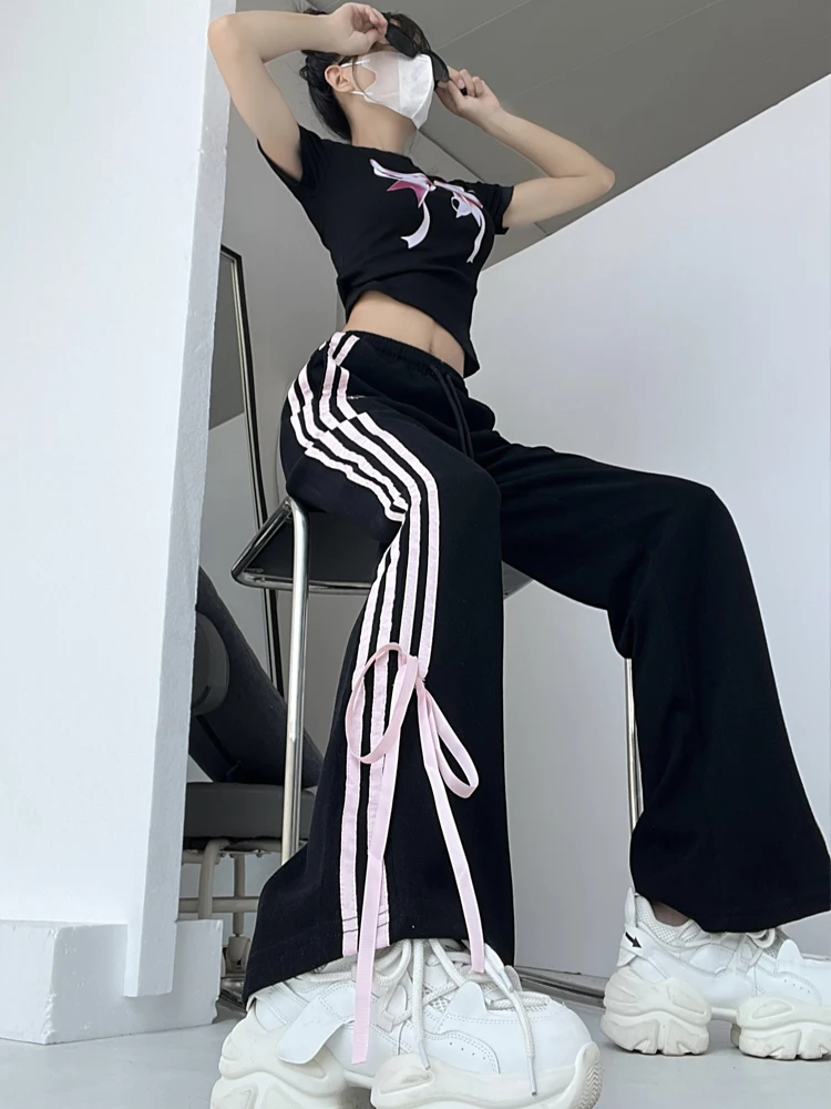 バレエガールローウエストストレートレッグノットスポーツカジュアルパンツ女性春秋小さいサイズカジュアルフレアロングパンツ