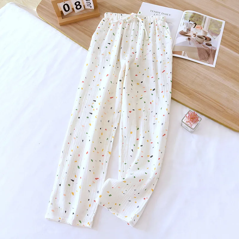 2024 Japanese New Spring/Summer Women\'s Sleeping Pants 100% Cotton Crepe Printed Pants Thin Loose Lace Home Pants Ladies