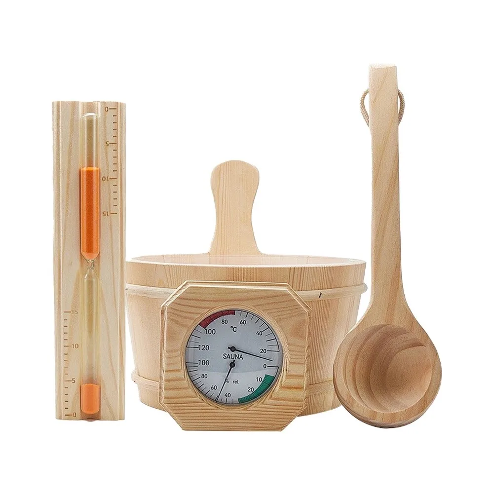 4‑Pcs Natural Pine Sauna Kit, Premium Relaxation Accessories With Water Tub Spoon Thermometer For Indoor Spa Bath