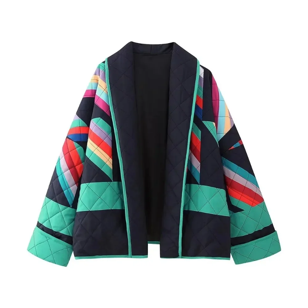 Elegant V-Neck Quilted Coats Color Blocked Women Printed  Personality Loose Jacket  Casual Comfortable Autumn Winter