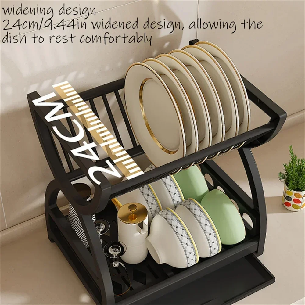 2-Tier Dish Drying Rack Kitchen Countertop Drainer Shelf Large Capacity Bowl Plate Organizer Space Saver with Utensil Holder