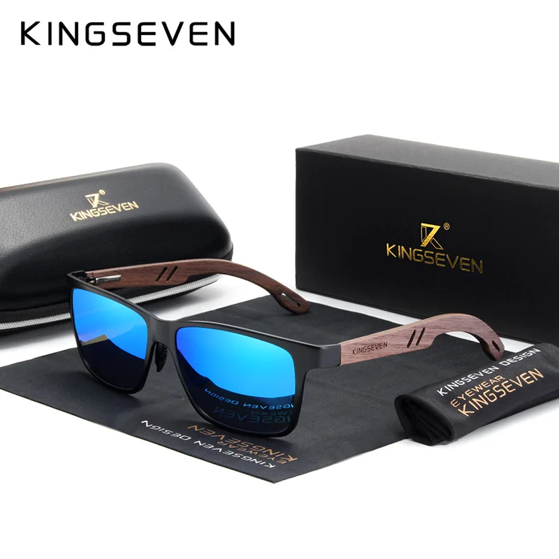 KINGSEVEN New Design UV400 Polarized Sunglasses Men Aluminum Handmade Walnut Wooden Splice Eyewear Accessories Eye Glasses Women