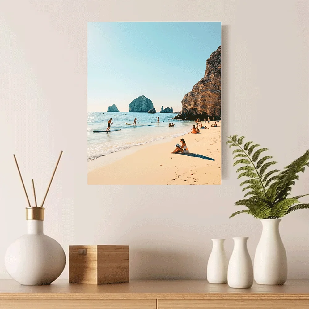 1PC-Unframed Canvas poster wall decoration  Beach Scene With Paddle Boarders And Rocky Cliffs