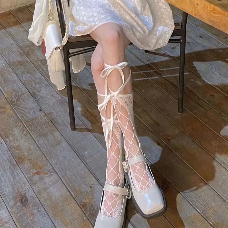 

Cross Strap Calf Socks Women'S Mid-Calf Summer Thin Lolita JK Cute Bow Japanese Lolita Mesh Stockings