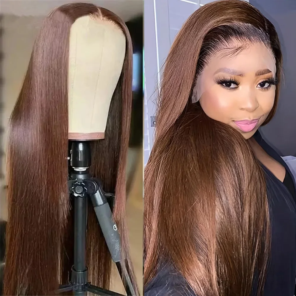 

#4 Chocolate Brown Straight 13x6 Lace Frontal Human Hair Wig 44 Inches 200 Density Pre Plucked Remy Human Hair Wigs For Women