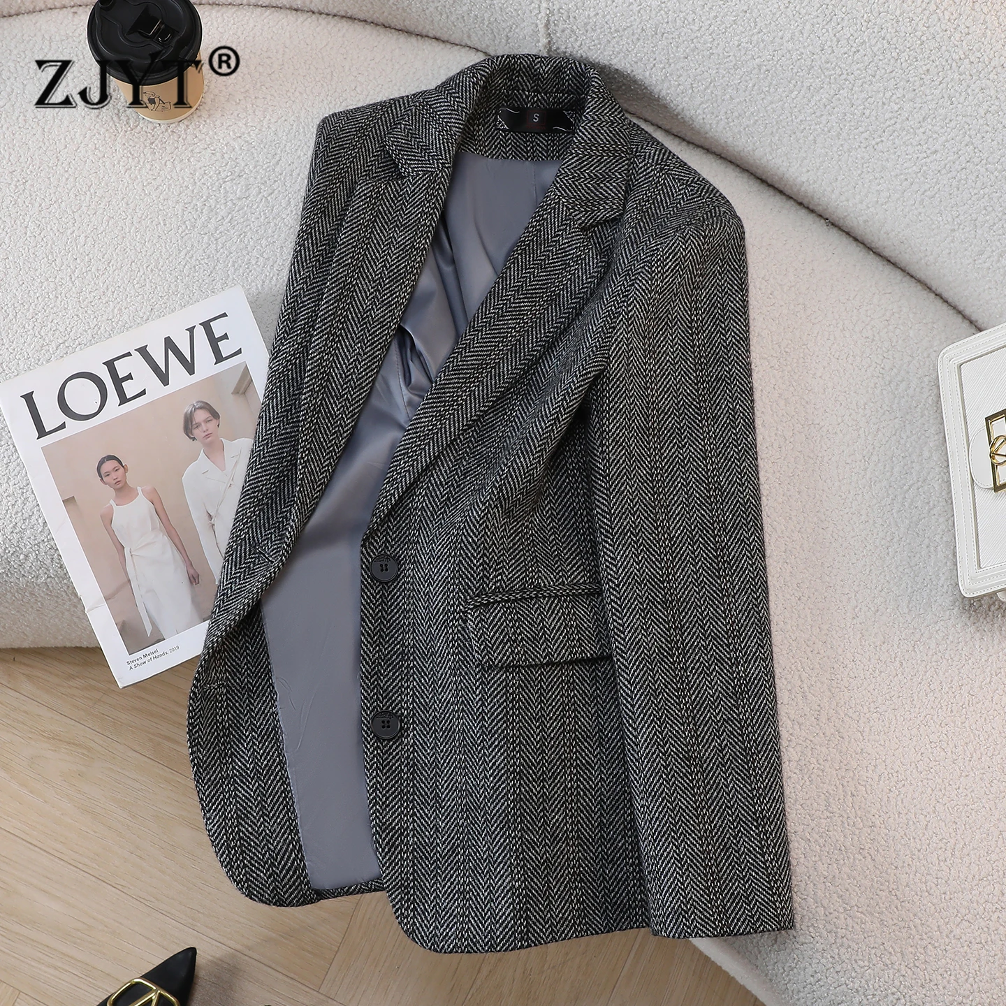 ZJYT Autumn Winter Brown Woolen Jackets and Coats for Women 2026 Long Sleeve Vintage Casual Blazers Femme Plus Size Outerwears