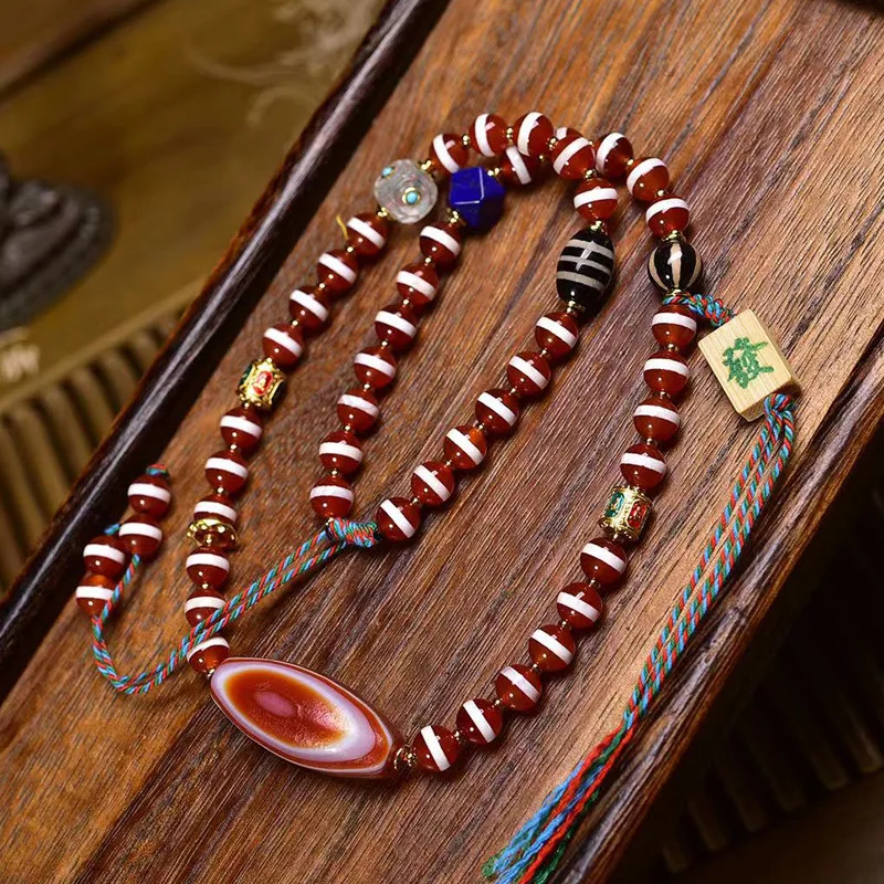 Natural Agate Red Medicine Pendant  Versatile Clavicle Chain Buddhist Bead Necklace