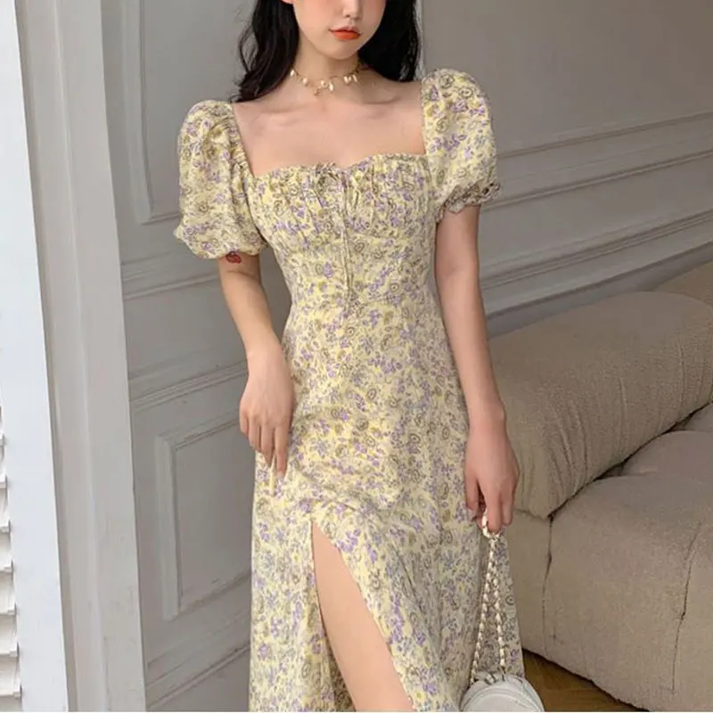 

Elegant Square Collar Long Dress Women's Clothing Fashionable Drawstring Summer French Style Broken Flowers A-Line Waist Dresses