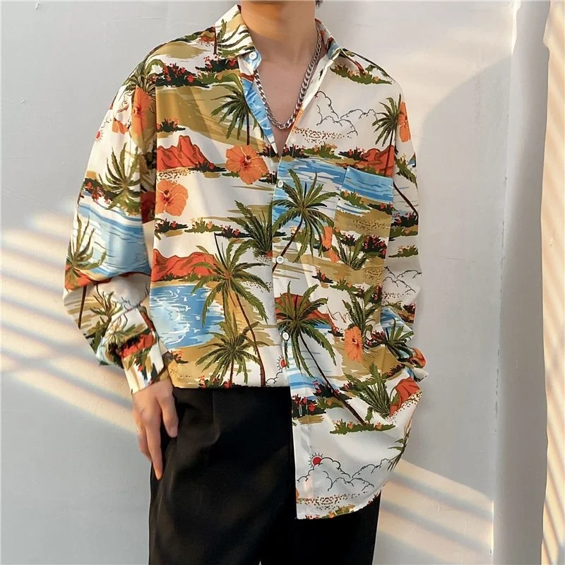 Hawaiian Beach Shirts Harajuku Vintage Versatile Coconut Print Long Sleeve Aloha Party Holiday Shirt Men Casual Button Down Tops