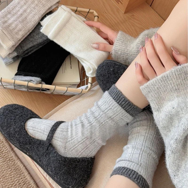 Thick Double Cuff Wool Socks Women Mid Calf Fall Winter Korean Style Color Block High-end Gray Warm Stacking Socks Winter