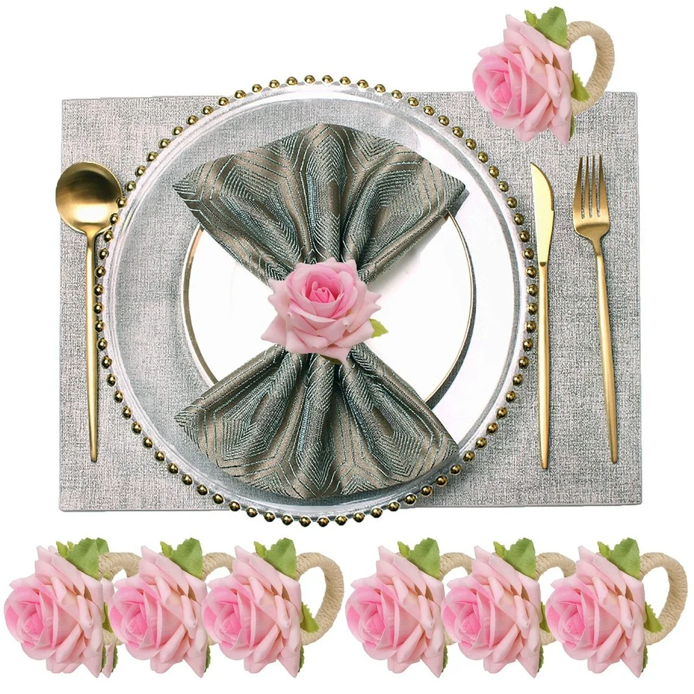 12pcs/lot Artificial Flower Napkin Rings Faux Rose Napkin Ring Serviette Buckles Holder Table Decoration Wedding Valentine\'s Day