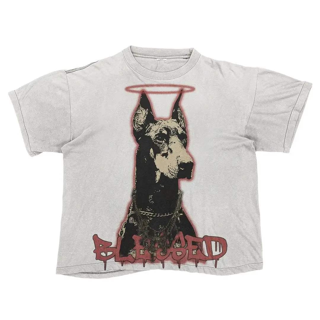 New Gothic Sacred Wolf Dog Letter Printed Large Pattern T-shirt Cotton Shirt Couple High Street Y2K Top Gothic T-shirt