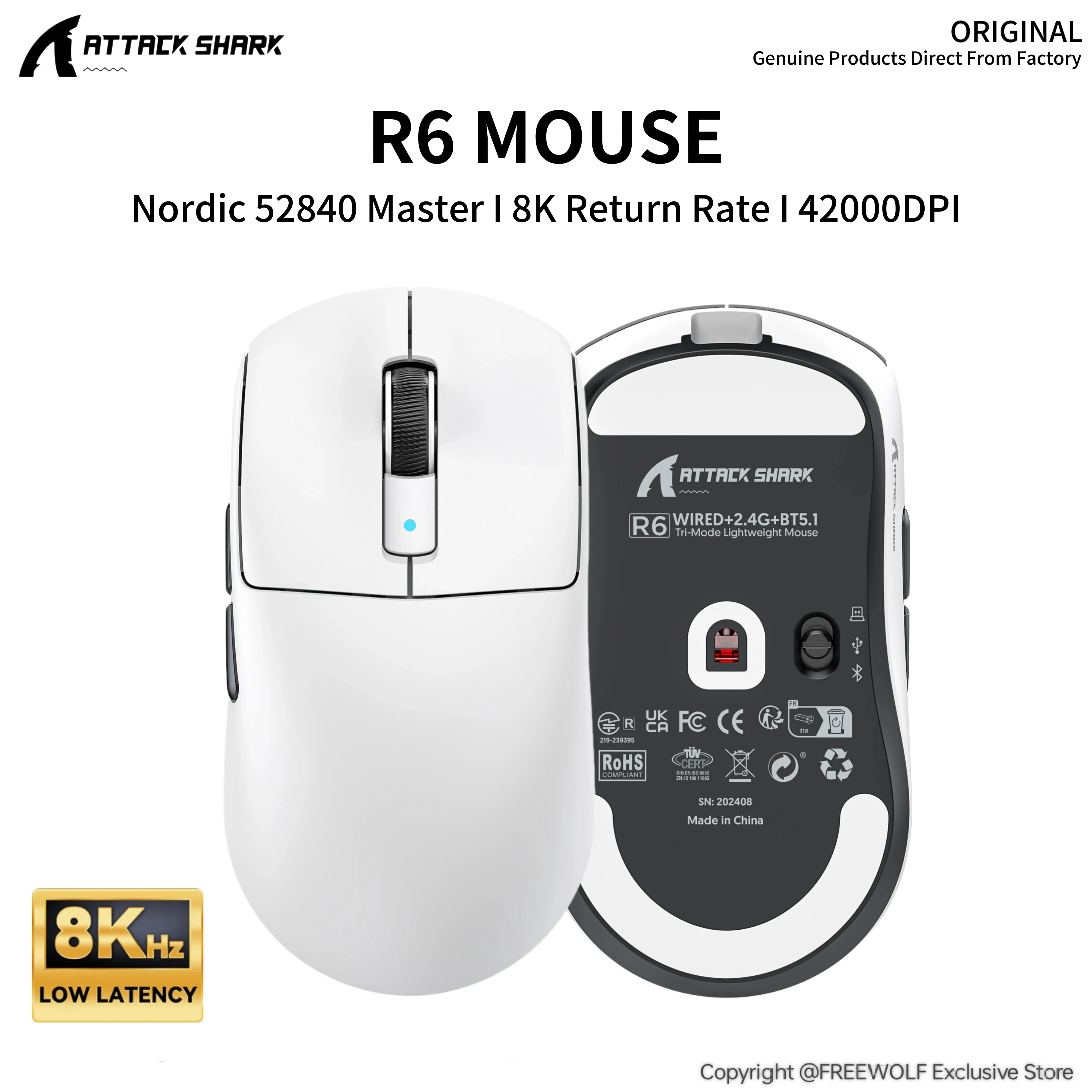 

PAW3950 Sensor R6 Gaming Mouse,ATTACK SAHRK Wireless 8000Hz,Custom Ice Sensing Layer,750IPS,50G Acceleration Competitive Mouse
