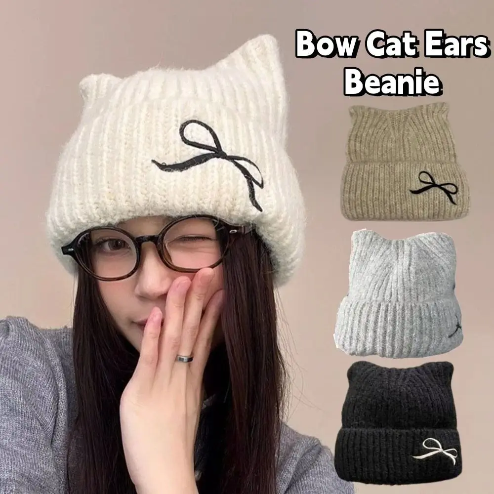 

Cute Solid Color Cat Ear Beanie Windproof Thickened Knitted Woolen Hat Korean Style Keep Warm Knitted Skullies Ladies