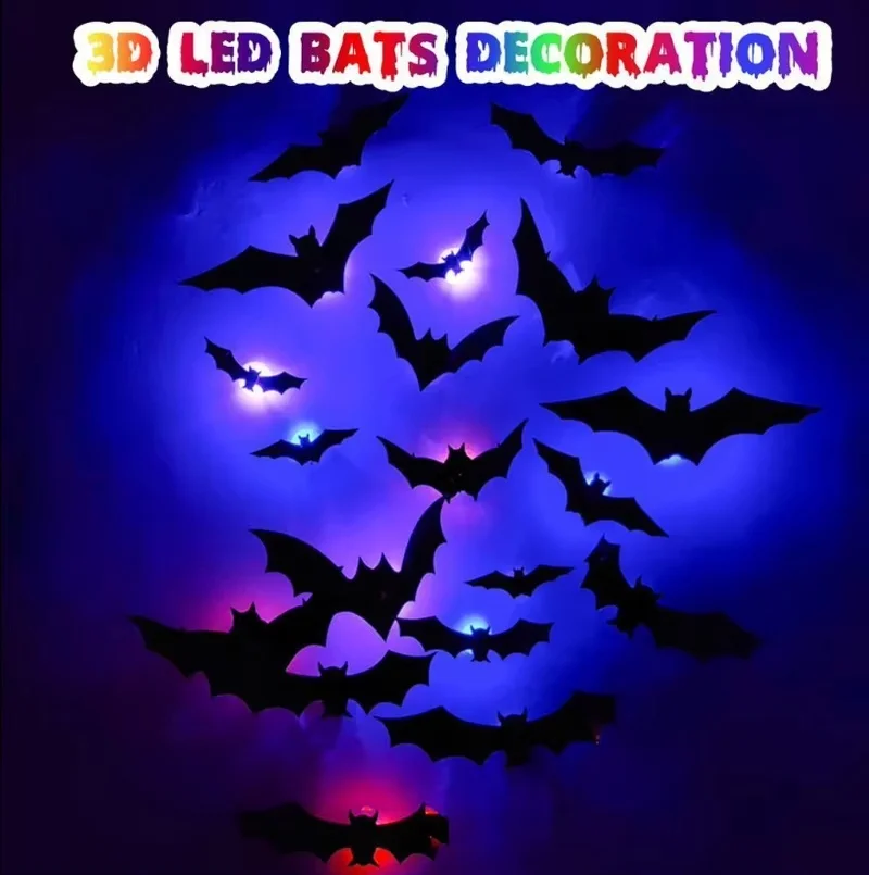Halloween Home Party Decor, 3D Foldable LED Luminous Bat Wall Stickers, PET Glow‑Wing Night Light Ornament for Window