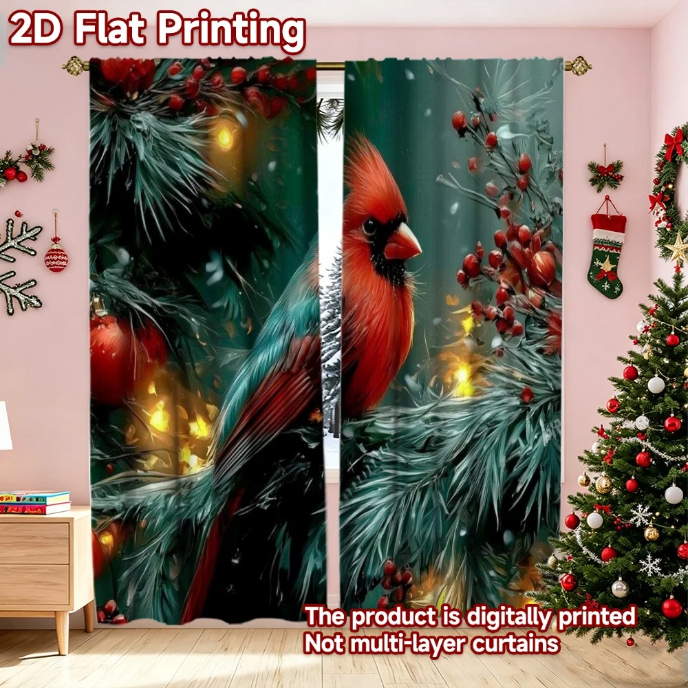 2D flat printing 2pcs Merry Christmas Curtains Christmas Cardinal on Branch Digitally printed polyester curtains Festive Wall