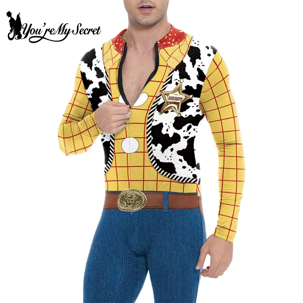 

[You're My Secret] Men Woody Cosplay Bodysuit 3D Print Cowboy Cosplay Costume Front Zipper Jumpsuit Halloween Rave Party Outfit