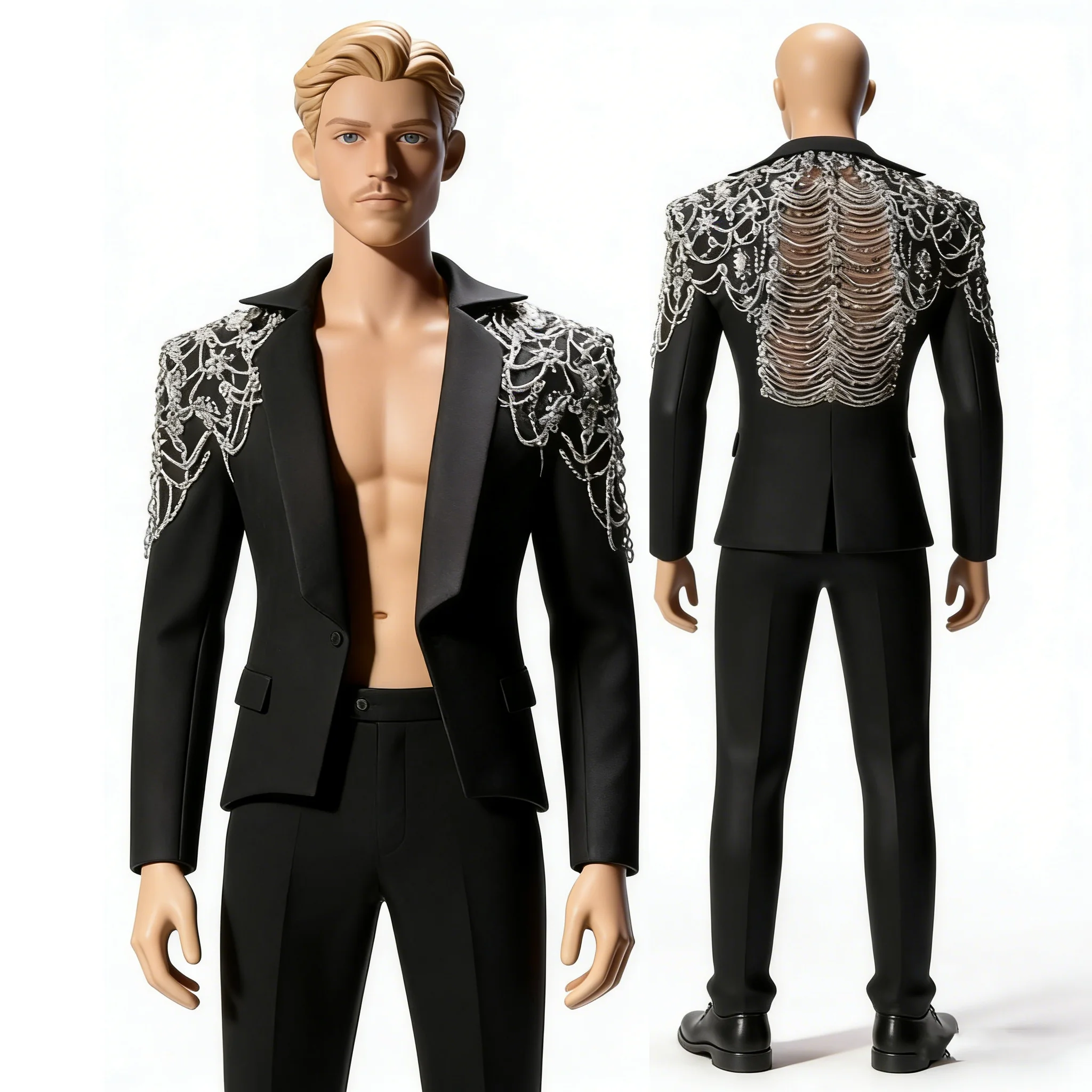 

Роскошные мужские костюмы с кристаллами и бисером, комплект из 2 предметов, смокинги для свадебной вечеринки, жениха, наряды с вырезом сзади, блейзер на заказ, брюки, халат для свадьбы