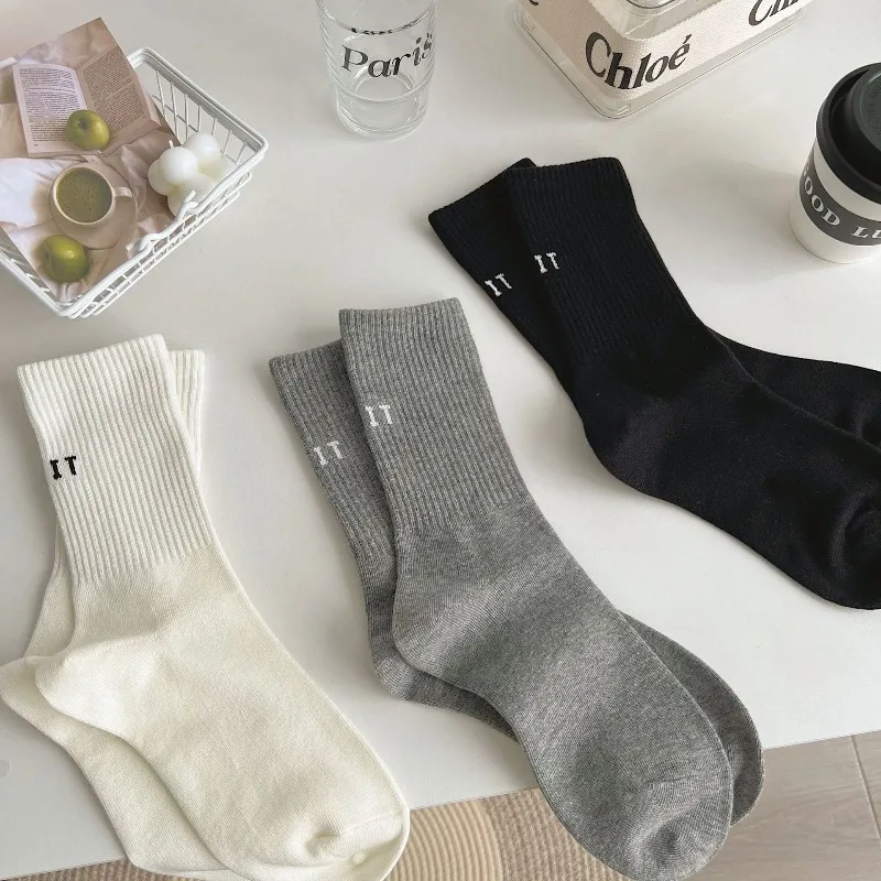 Pink Socks Women's Spring and Autumn Style Mid-tube Socks Ins Outside Wear Cotton Bottoming High Waist Letter Sports Stockings