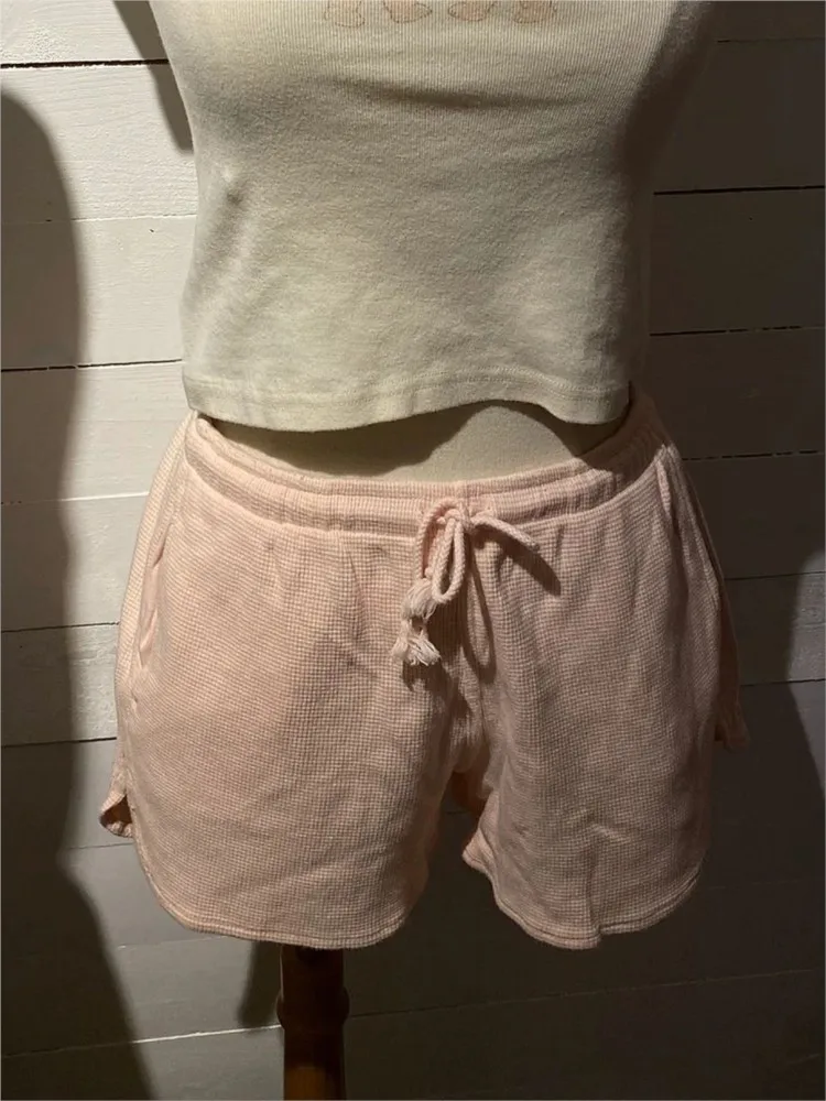 Waffle Pink Drawstring Sweatpant Women Summer Low Waist Split Straight Short Sweatpants Simple Casual Sweet Sport Shorts Y2k