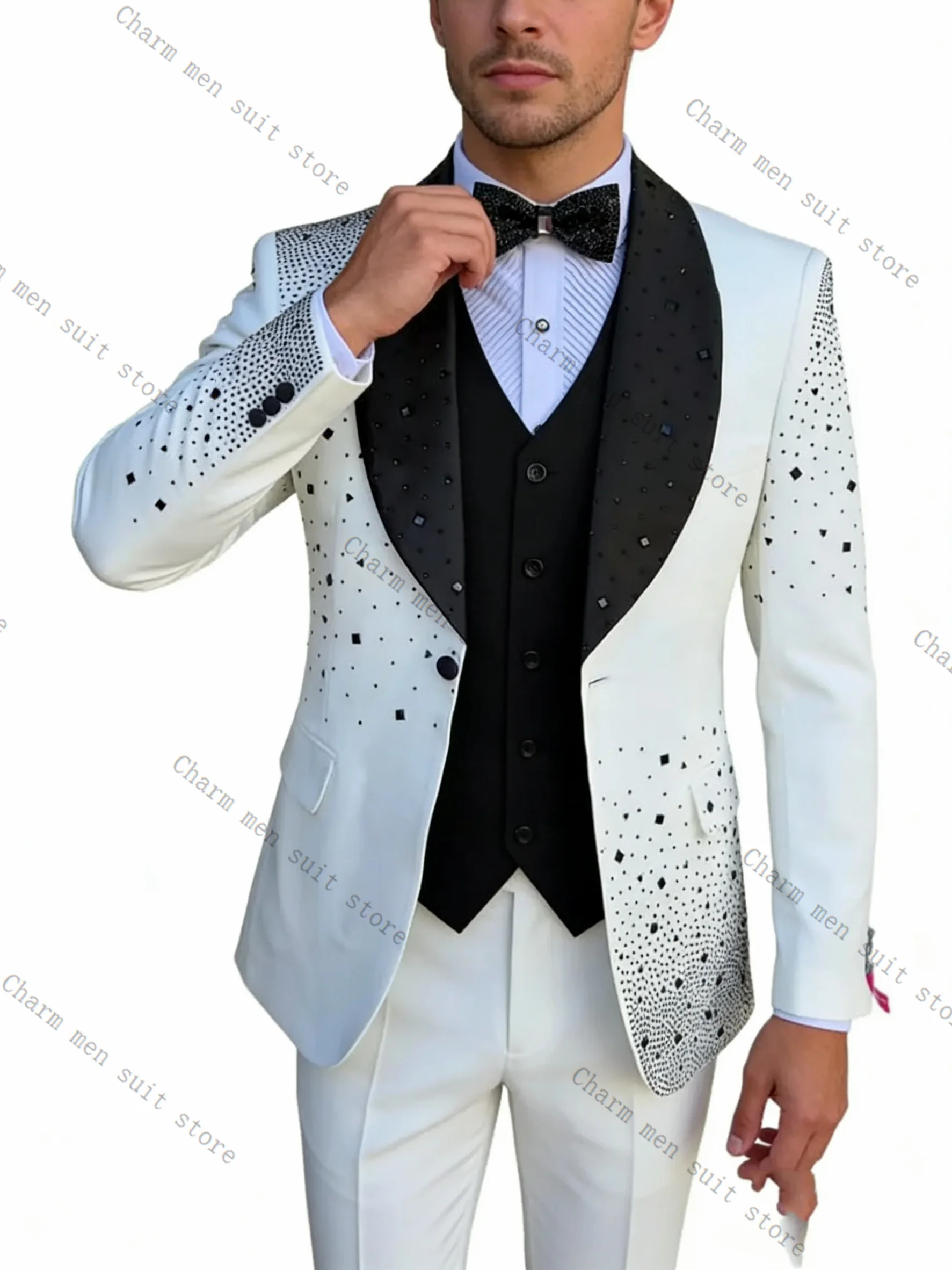 

Crystals White Men Suits Set 2 Pcs Blazer+Pants Trousers Luxury Glitter Wedding Tuxedo Formal Office Business Groom Jacket Coat