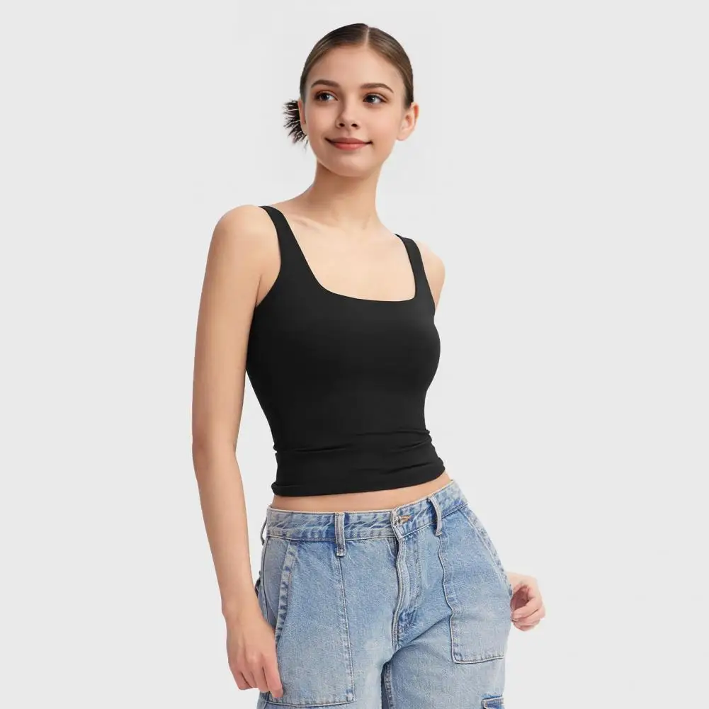 Regatas de pescoço quadrado para mulheres, coletes sexy slim fit, alças largas, tops monocromáticos