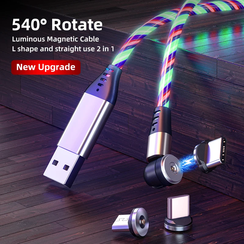 540 تدوير كابل مغناطيسي مضيء شحن سريع كابل شحن الهاتف المحمول لشاومي LED مايكرو USB نوع C لكابل آيفون