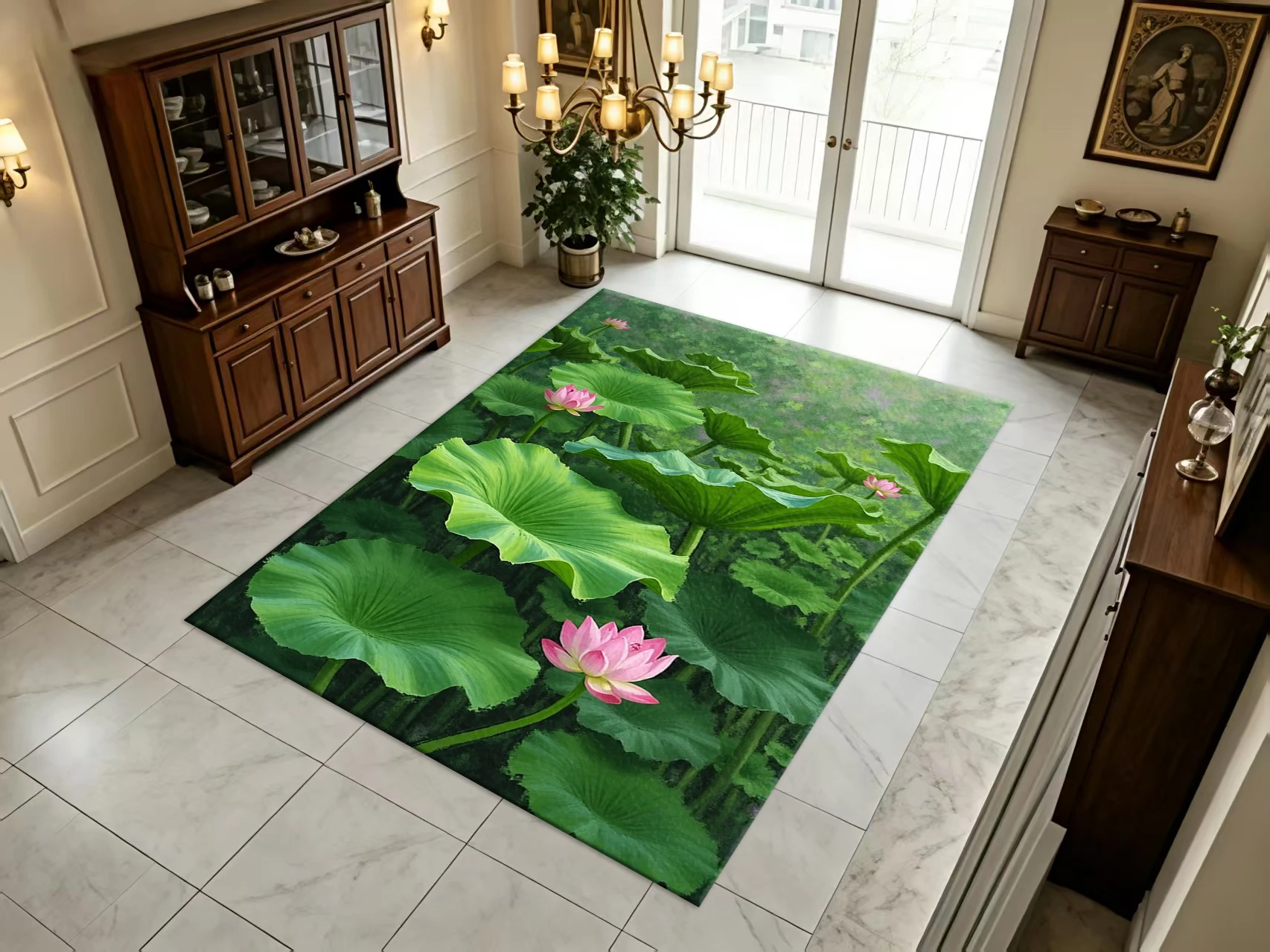 Vintage Green Lotus Leaf Pink Blossom Floral Art Carpet Flooring Oriental Style Home Living Bedroom Decor Floor Rug