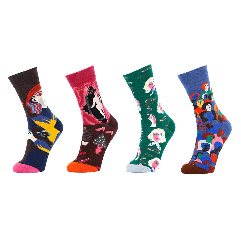 2pairs/Lot Women's Oil Painting Socks Personality Creative Harajuku Funny Design Street Abstract Colorful Art Socks New