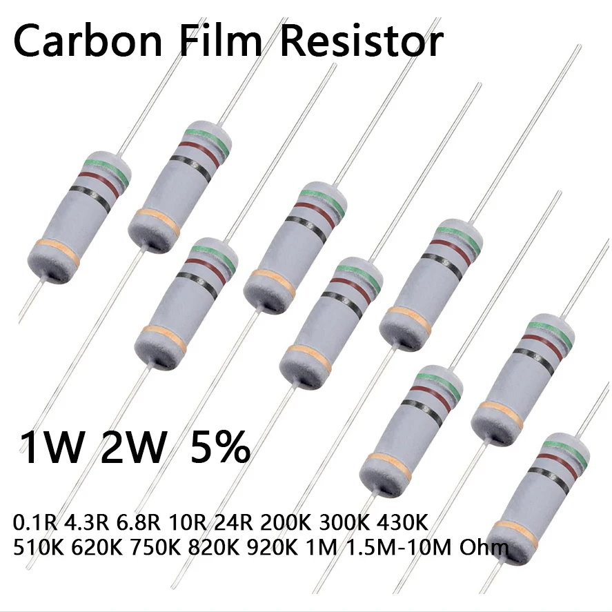 200/500PCS 1W 2W Carbon Film Resistor 5% 0.1R 4.3R 6.8R 10R 24R 200K 300K 430K 510K 620K 750K 820K 920K 1M 1.5M-10M Ohm