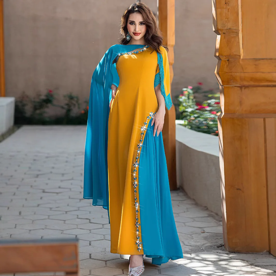 

Glass Diamond Tassel Abaya Muslim Fashion Women's Wear Color Blocked Asymmetric Half Shawl Dress Islamic Arabian Robe Evening