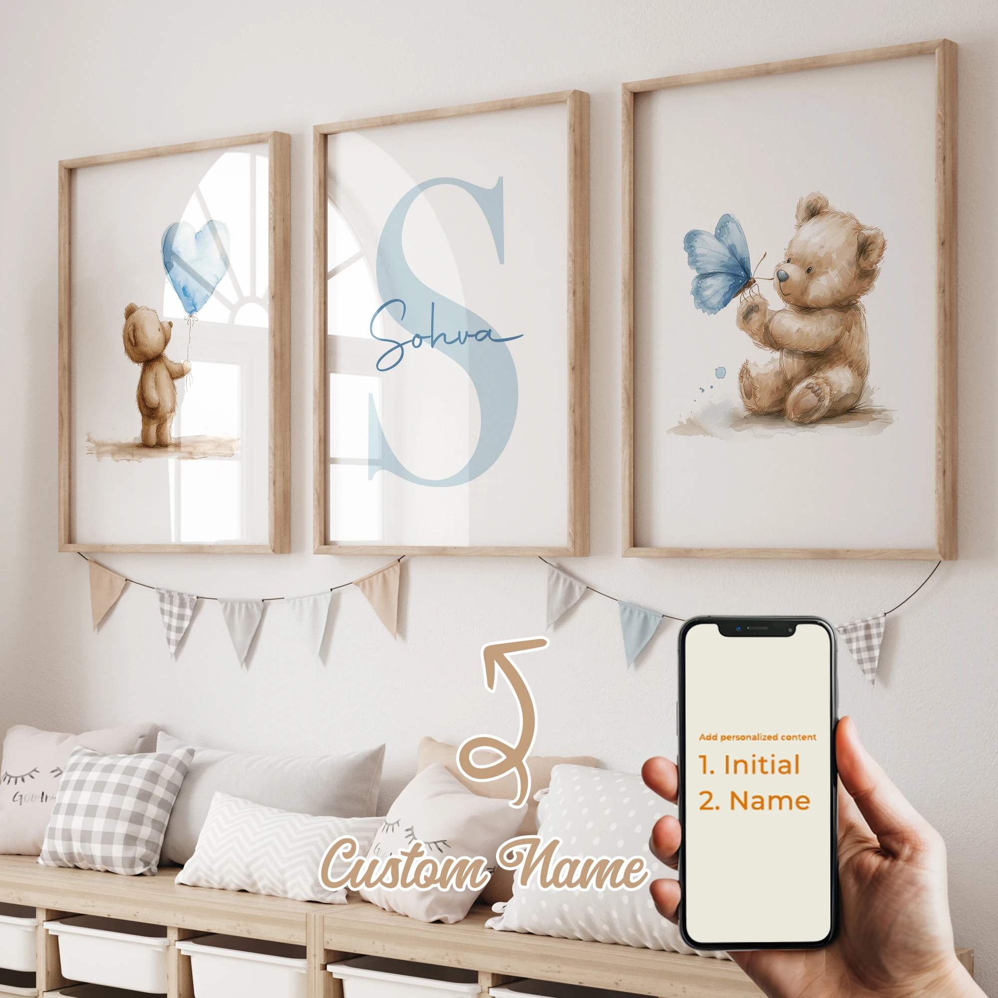 

3Pcs Custom Children's Personalized Name Blue Cute Bear Wall Art Canvas Printing Picture Living Room Children's Room Home Decor