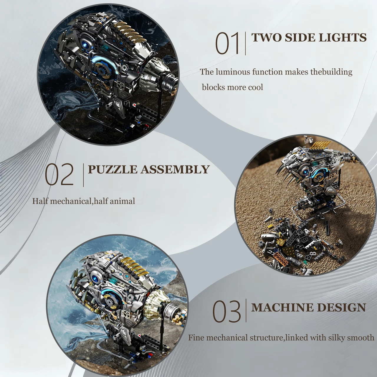 Steampunk-style animal building blocks, featuring articulated walking skeleton pieces with light-up functionality. Ideal for tab