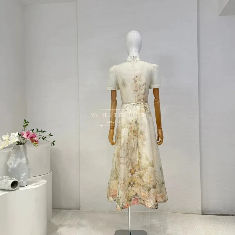 Otoño nuevo estilo Casual mujeres que usan 2025 Beige Rosa árbol estampado manga corta rebordear vestido Midi