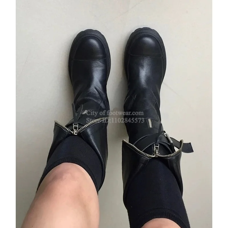 Black Leather Zipper Flats Knee High Boots Round Toe Chunky Heel Buckled Women's Tall Boot Designer Soft Causal Dress Shoes