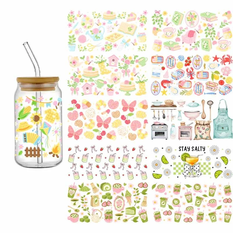3D Cartoon Food Books Design UV DTF Cups Wrap Sticker DIY Label Transfer Sticker Waterproof Green Drink Dessert Patter Decals