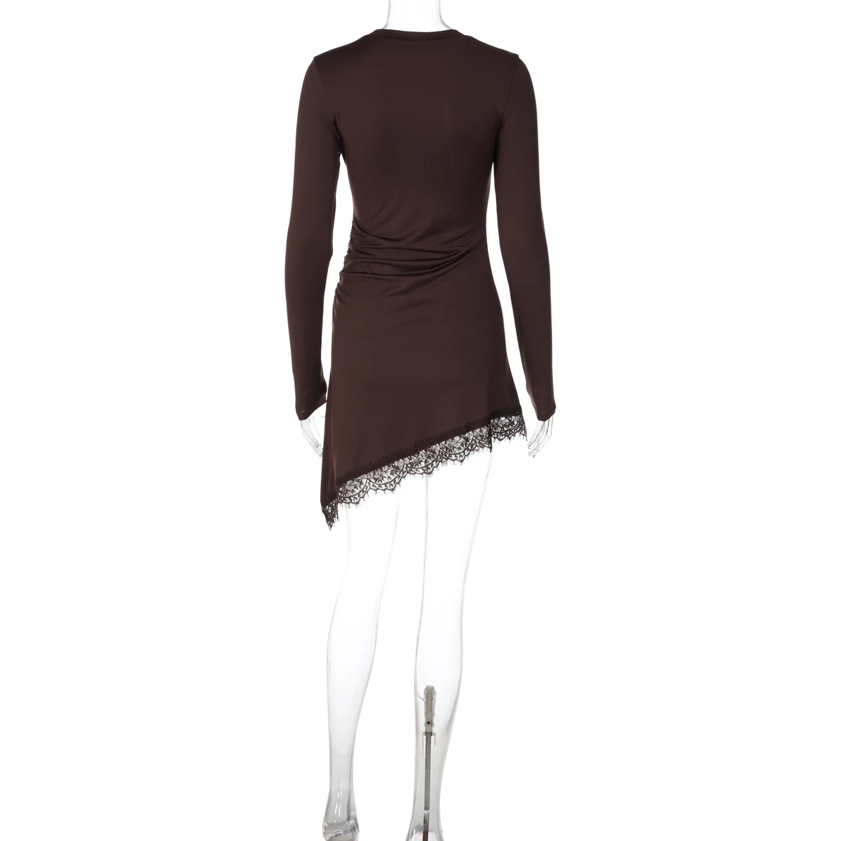 Hugcitar Damenmode Langarm Einfarbiges Patchwork-Spitzenkleid Sexy Unregelmäßiges Minikleid Herbstkleidung Streetwear Party Urlaub – Detail 4