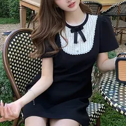 Elegant French Style Lace Bow Dresses Summer New A-Line Waist Female Clothing Short Sleeve Stylish Spliced Round Neck Mini Dress