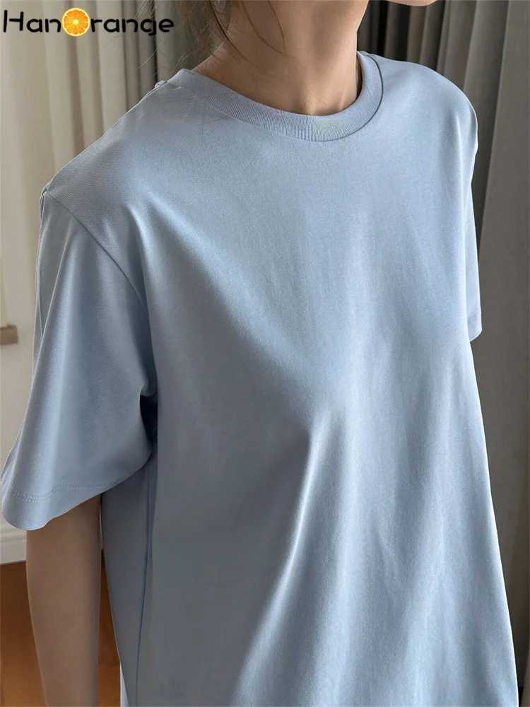 HanOrange 2025 verano silueta Simple versátil Camiseta de manga corta mujeres seco transpirable suelta Top camisetas marrón/azul claro